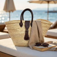 Luxury Woven Straw Beach Bag with Leather Handles