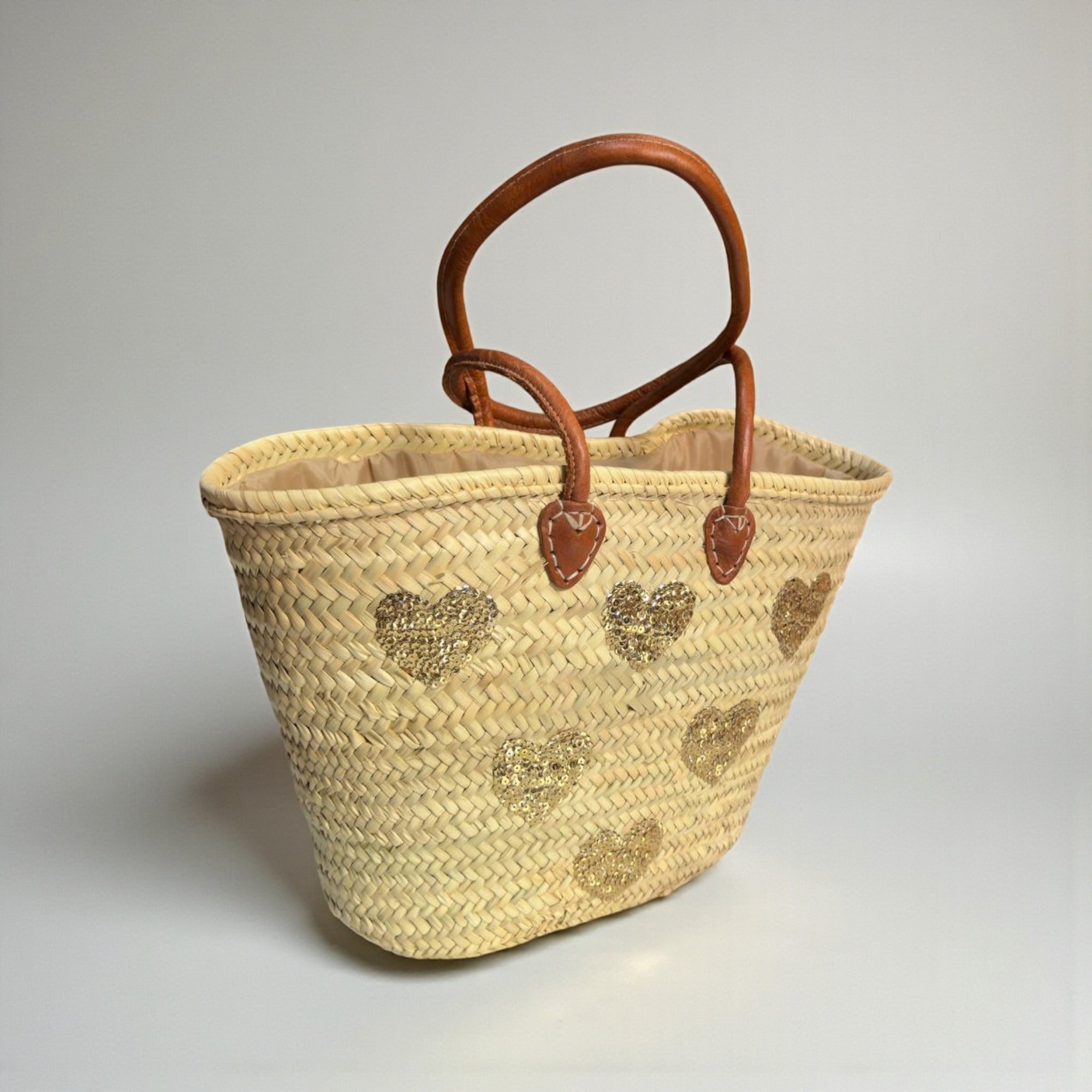 Gold Sequin Heart Straw Market Basket French Tote Bag