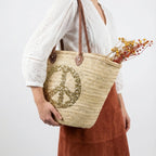 Sequin Peace Sign Straw Tote - Boho Market Basket with Leather Handles