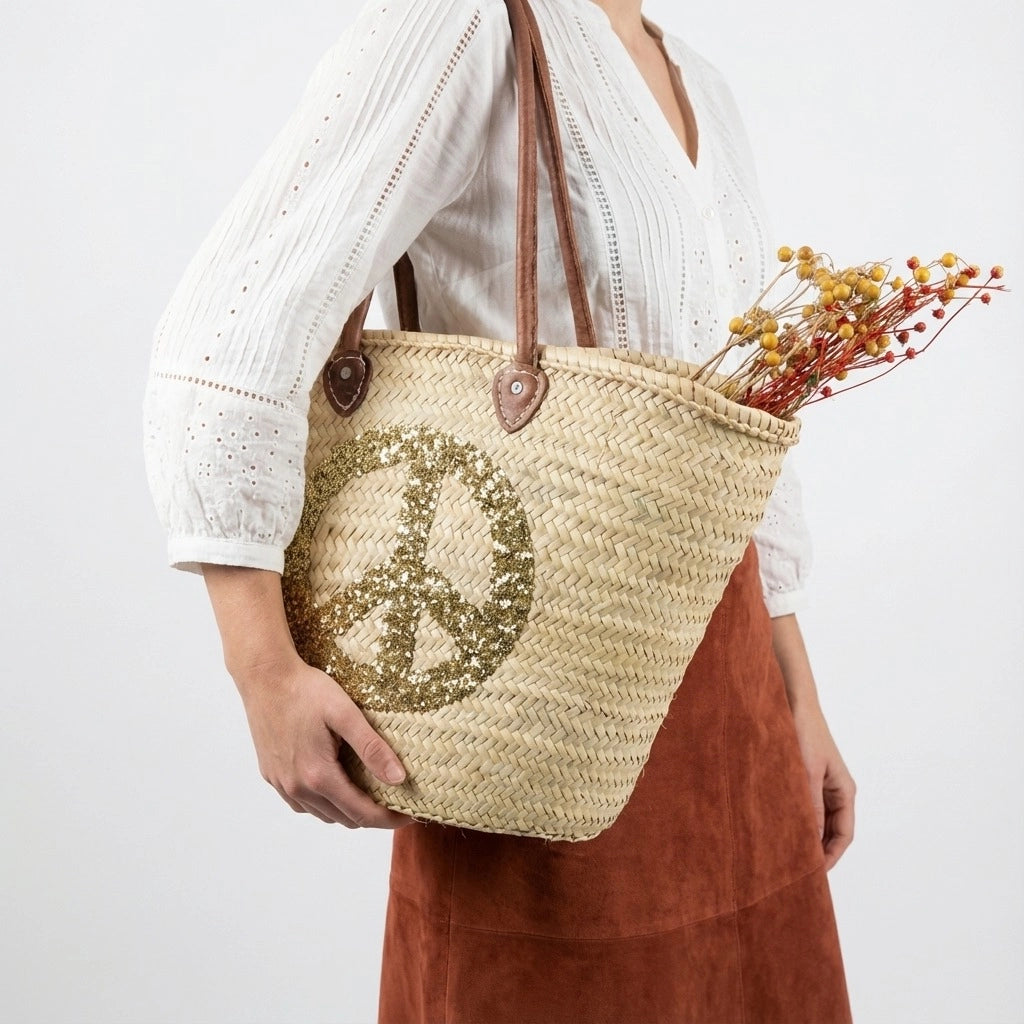 Sequin Peace Sign Straw Tote - Boho Market Basket with Leather Handles