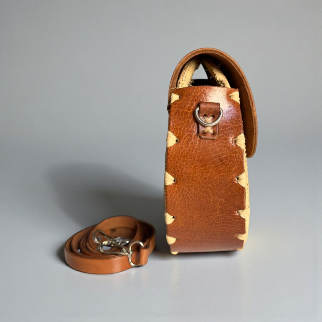Round Raffia Leather Bag - Handmade Woven Boho Crossbody Purse