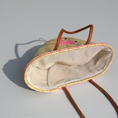 Flamingo Embroidered Straw Beach Bag - Handwoven Summer Tote
