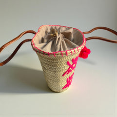 Handwoven Pink Arabesque Straw Tote Bag with Leather Handles & Pom Pom | Bohemian Beach Market Bag