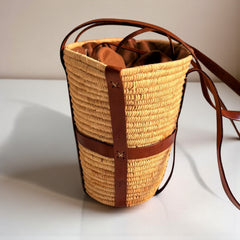 Raffia Market Basket Tote – Real Leather Straps, Woven Straw