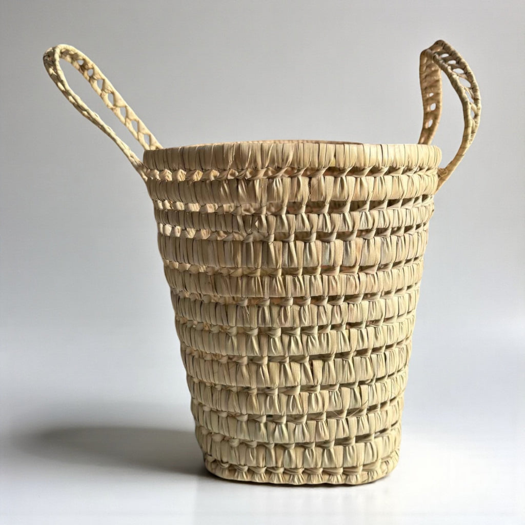 Open Weave Straw Market Basket - Natural Palm Leaf Storage Tote