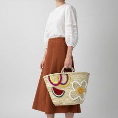 Embroidered Straw Market Basket - Watermelon & Daisy Tote