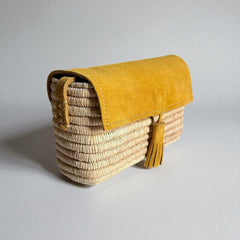 Woven Raffia & Mustard Suede Crossbody Bag with Tassel