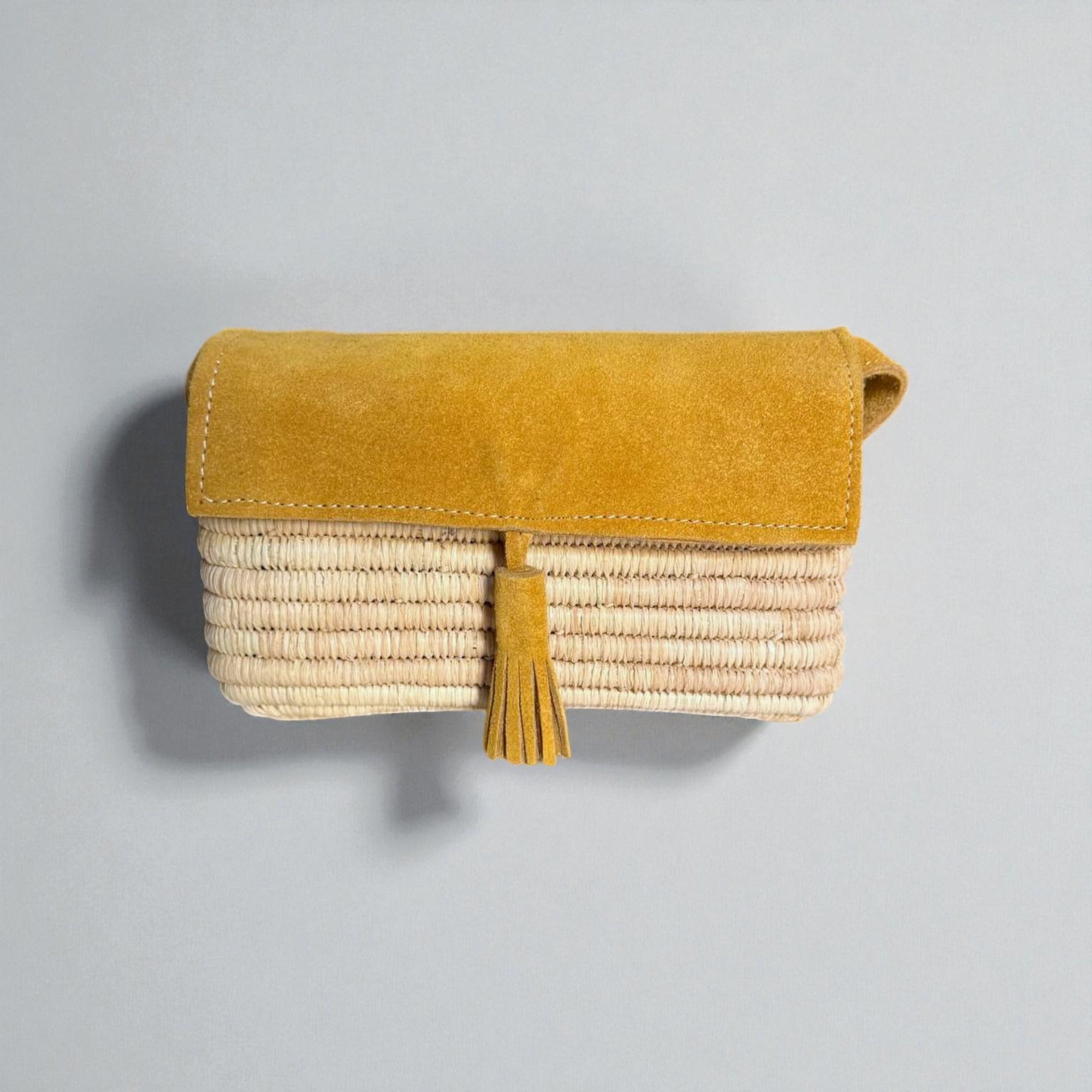 Mustard Suede & Raffia Crossbody Bag - Boho Woven Shoulder Purse