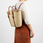 French Market Backpack Woven Straw Basket with Leather Straps