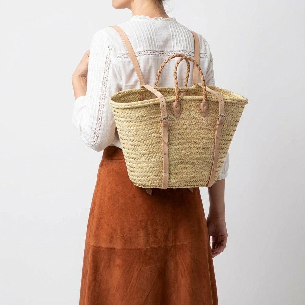 French Market Backpack Woven Straw Basket with Leather Straps