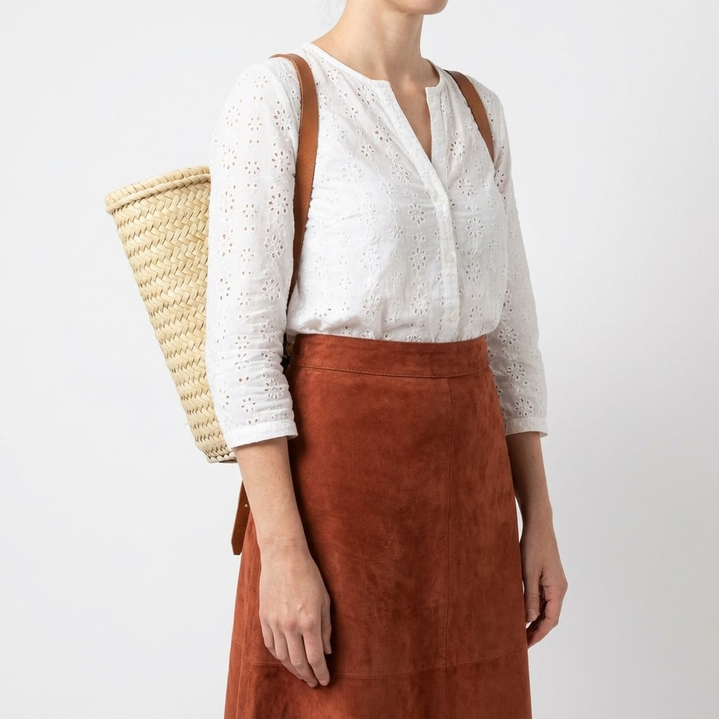 French Market Backpack Woven Straw Basket with Leather Straps