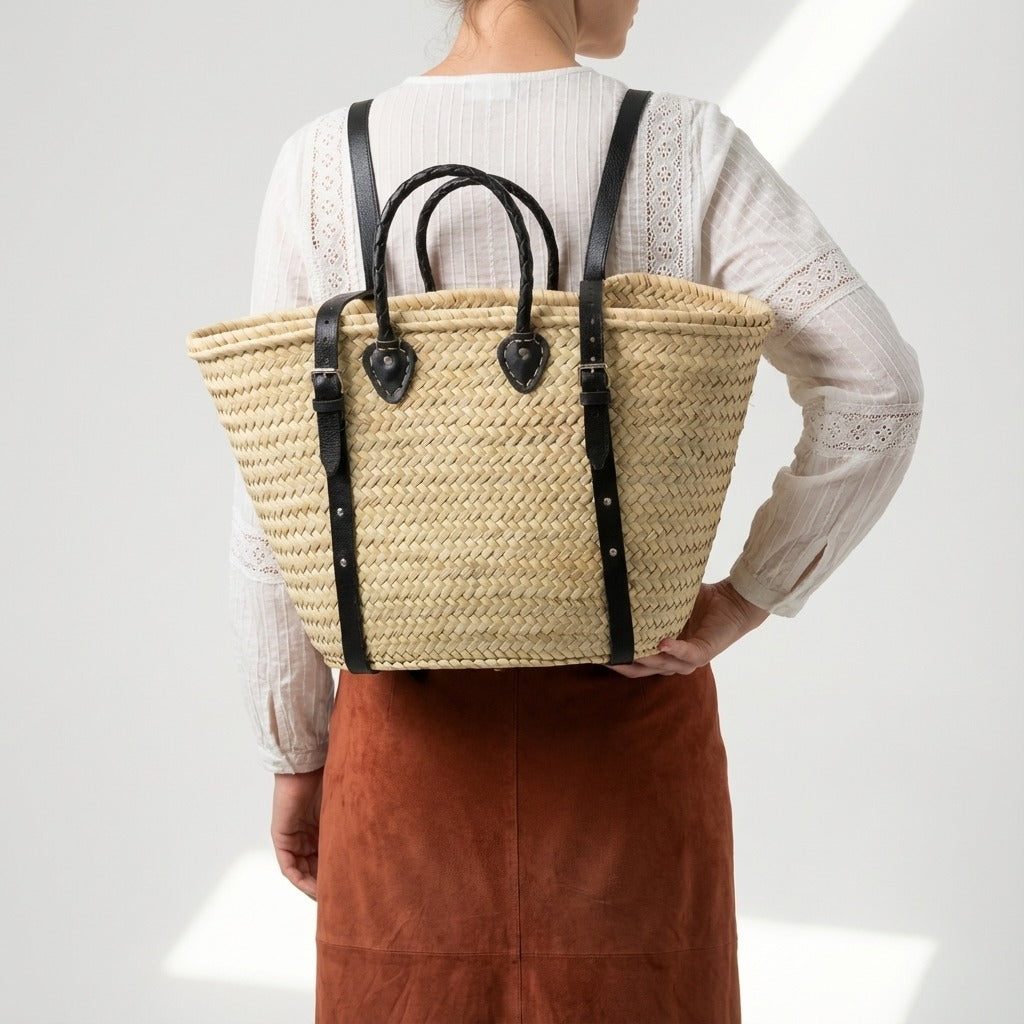 French Market Backpack Woven Straw Basket with Leather Straps