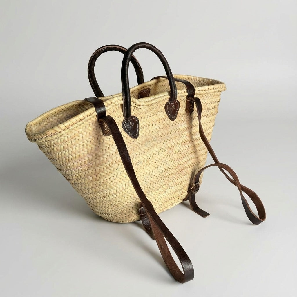 French Market Straw Backpack with Leather Straps