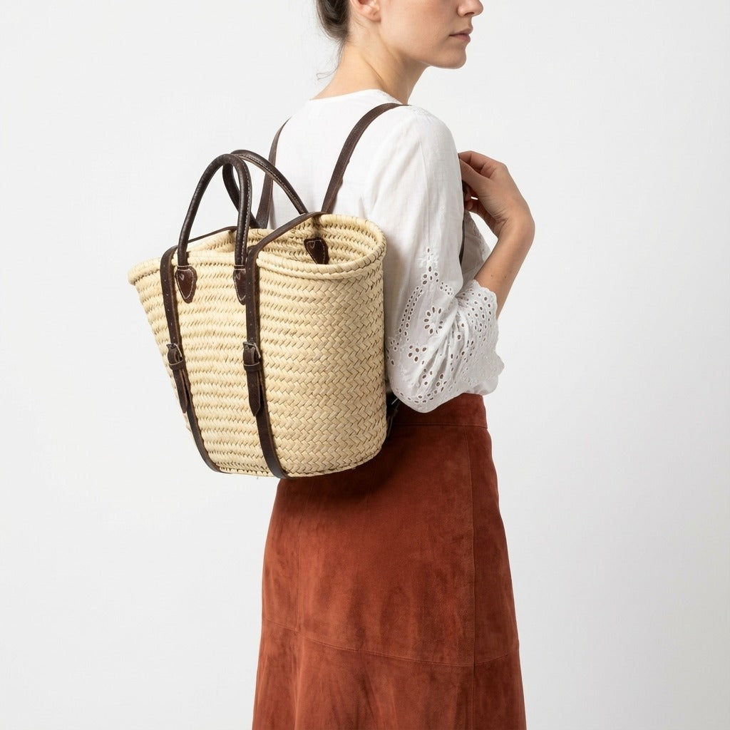 French Market Straw Backpack with Leather Straps