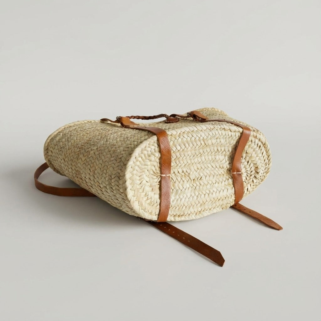 French Market Backpack Woven Straw Basket with Leather Straps