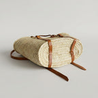 French Market Backpack Woven Straw Basket with Leather Straps