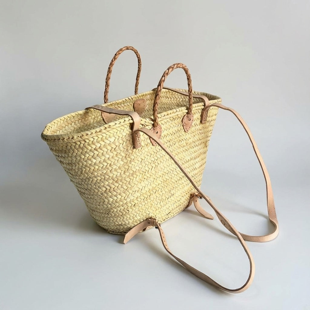 French Market Backpack Woven Straw Basket with Leather Straps
