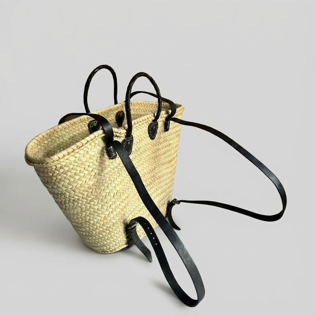 French Market Backpack Woven Straw Basket with Leather Straps