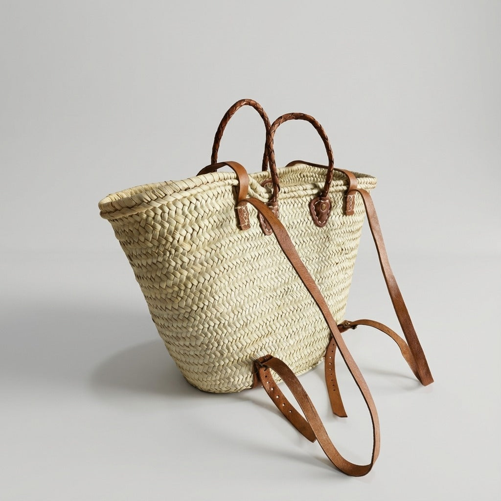 French Market Backpack Woven Straw Basket with Leather Straps