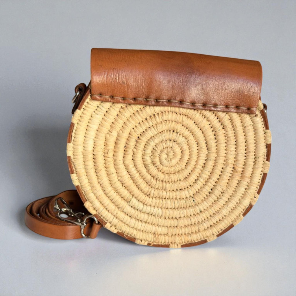 Round Raffia Leather Bag - Handmade Woven Boho Crossbody Purse