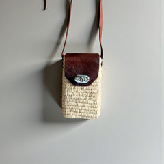 Woven Straw Phone Crossbody Bag Leather Flap Boho Case