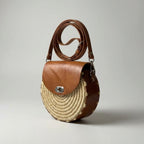 Round Raffia Leather Bag - Handmade Woven Boho Crossbody Purse