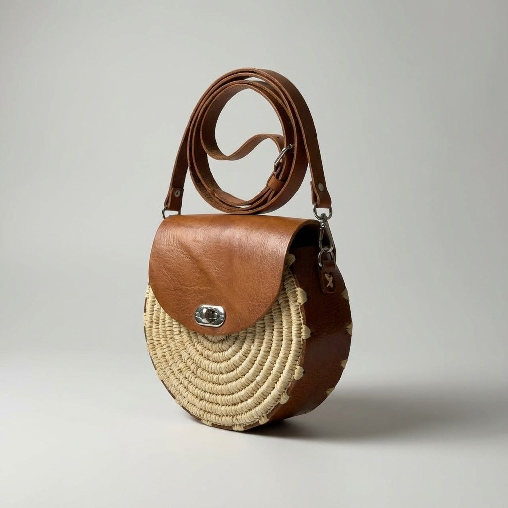 Round Raffia Leather Bag - Handmade Woven Boho Crossbody Purse