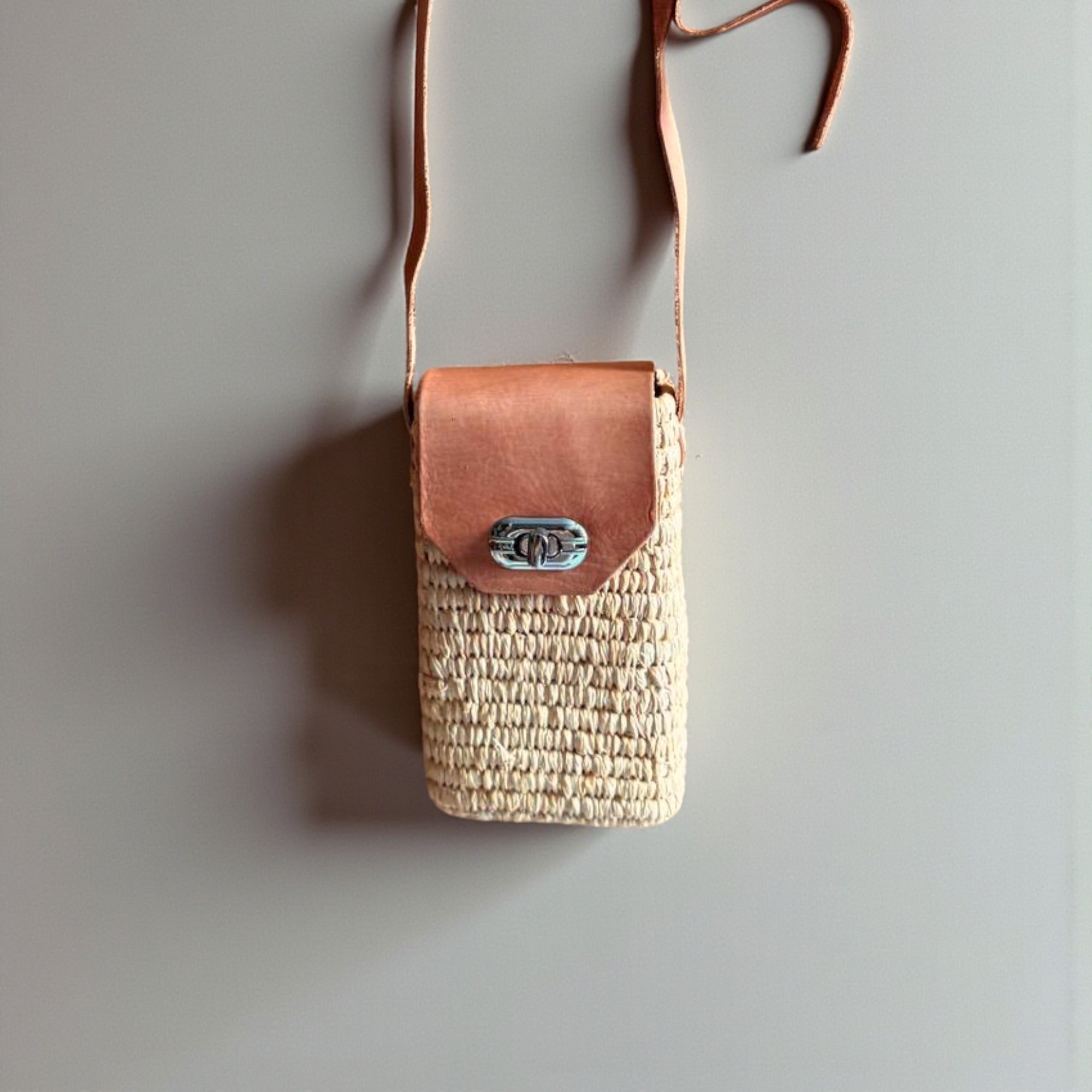 Woven Straw Phone Crossbody Bag Leather Flap Boho Case