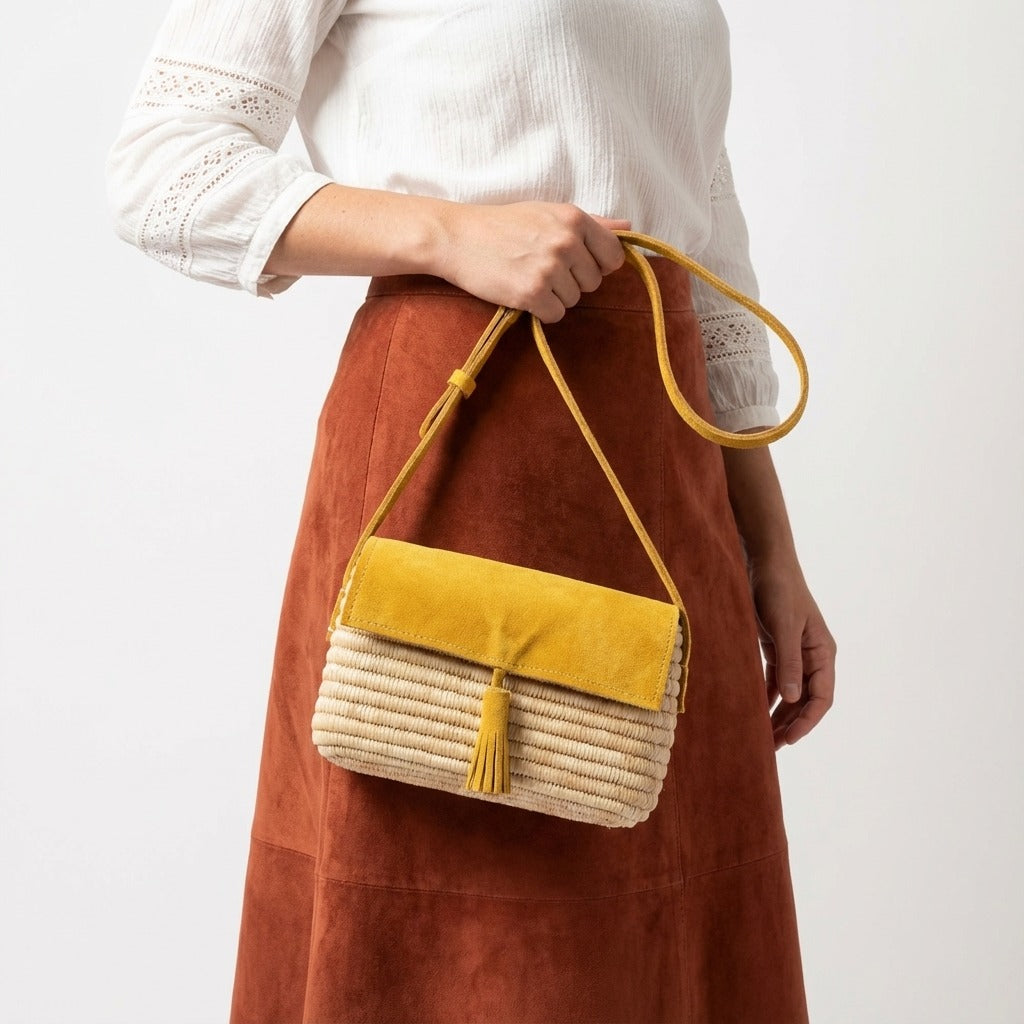 Mustard Suede & Raffia Crossbody Bag - Boho Woven Shoulder Purse