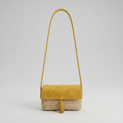 Woven Raffia & Mustard Suede Crossbody Bag with Tassel