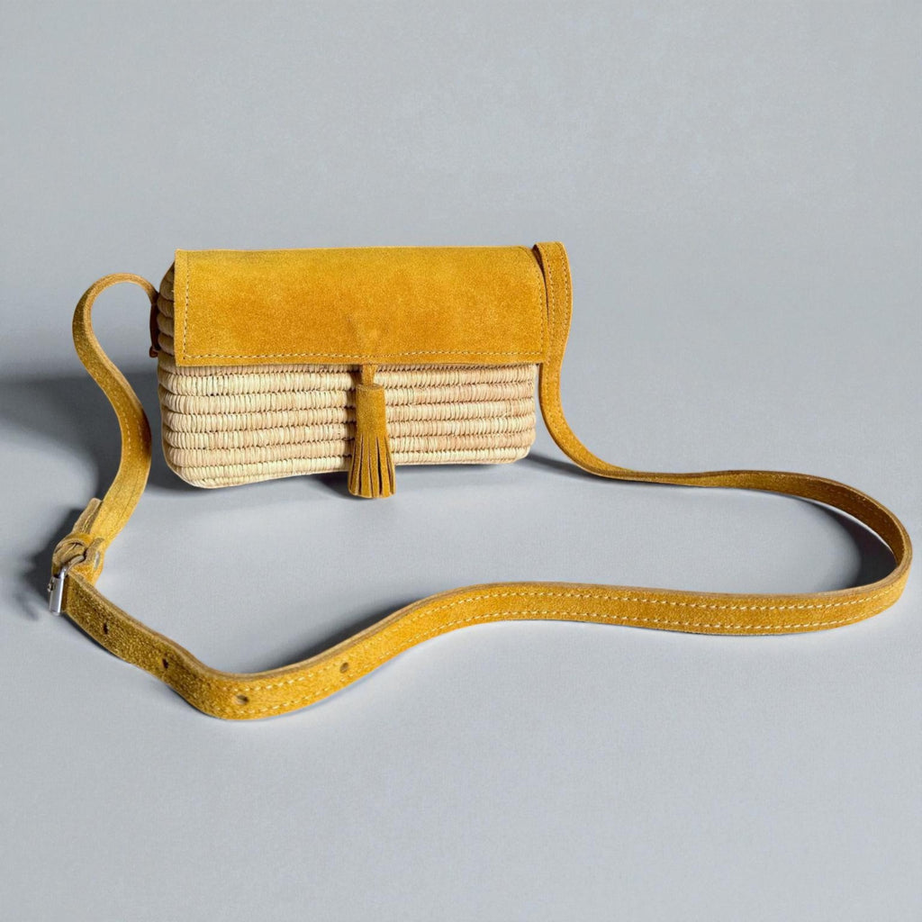 Mustard Suede & Raffia Crossbody Bag - Boho Woven Shoulder Purse