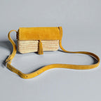 Mustard Suede & Raffia Crossbody Bag - Boho Woven Shoulder Purse