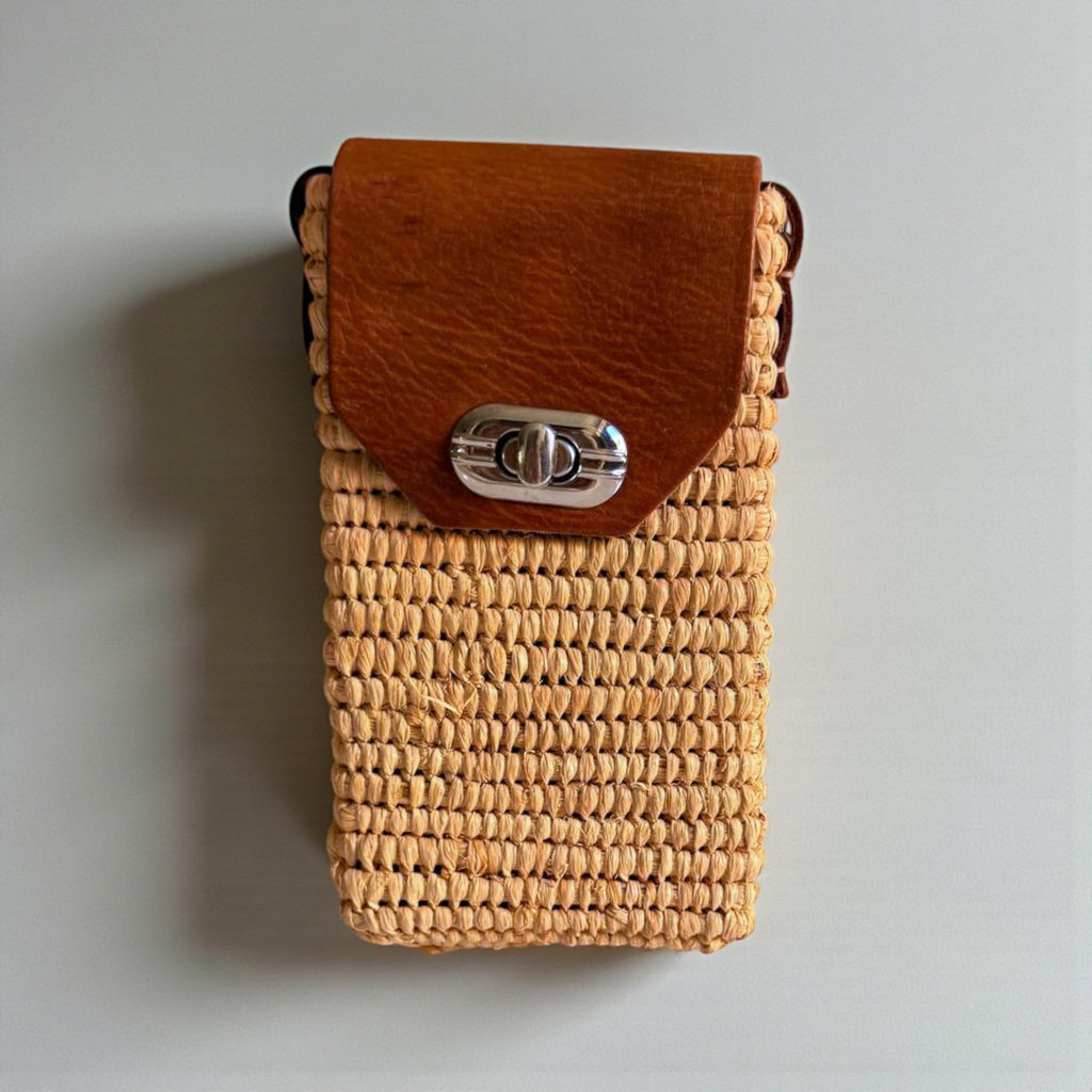 Woven Raffia Phone Bag Crossbody with Leather Flap