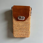 Woven Raffia Phone Bag Crossbody with Leather Flap