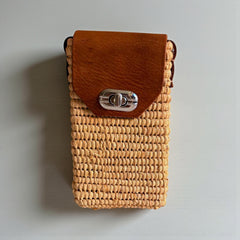 Woven Straw Phone Crossbody Bag Leather Flap Boho Case