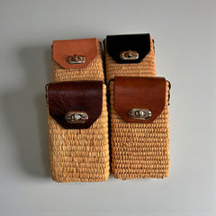 Woven Straw Phone Crossbody Bag Leather Flap Boho Case