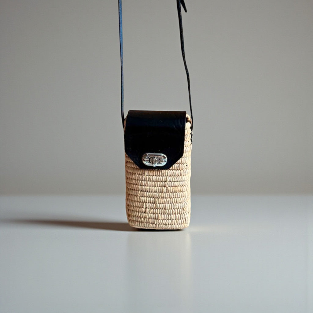 Woven Raffia Phone Bag Crossbody with Leather Flap