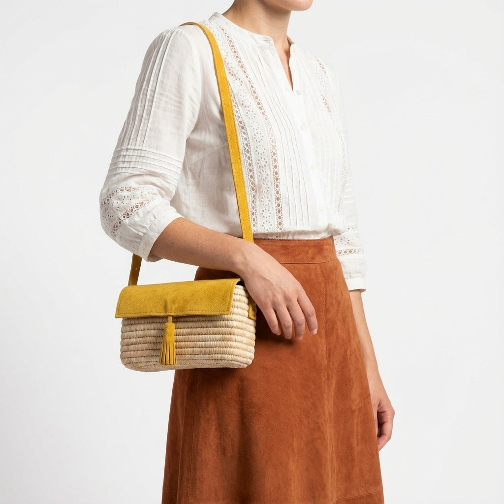 Mustard Suede & Raffia Crossbody Bag - Boho Woven Shoulder Purse
