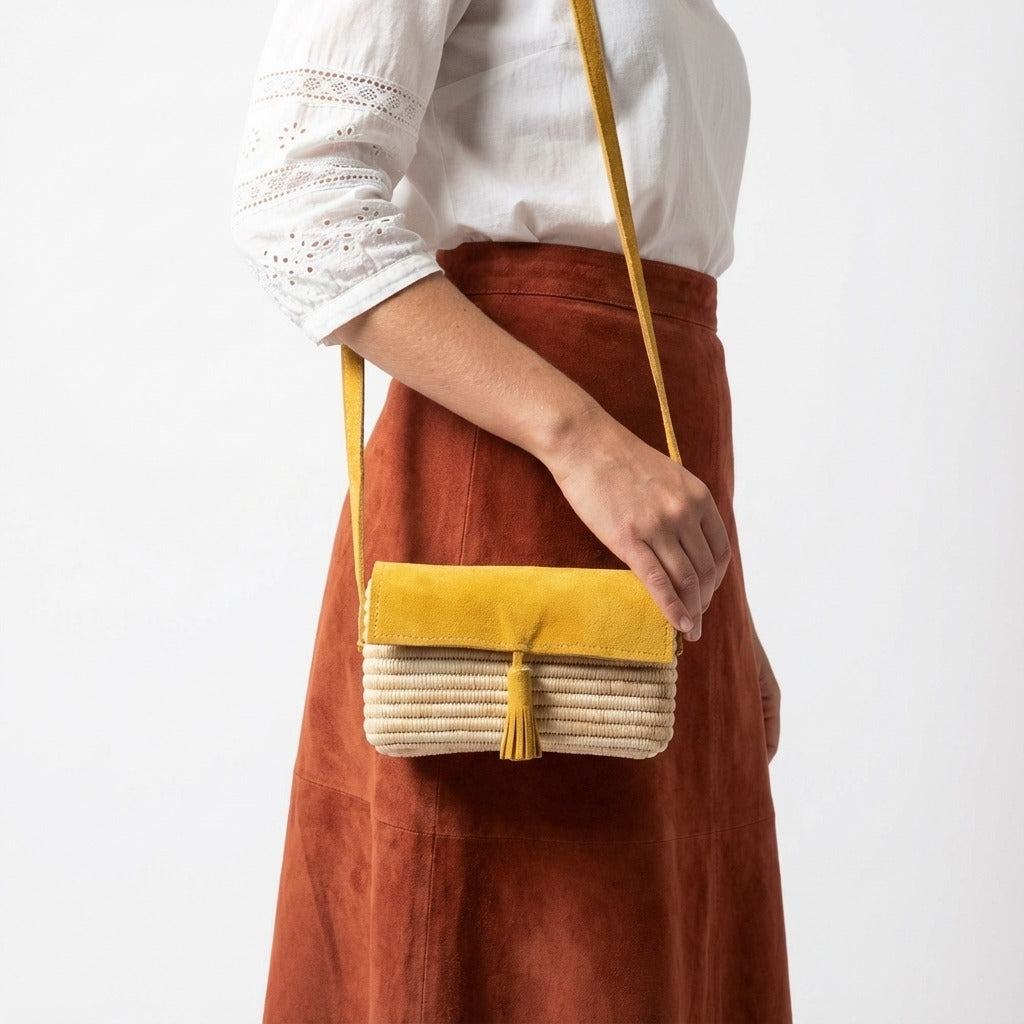 Mustard Suede & Raffia Crossbody Bag - Boho Woven Shoulder Purse