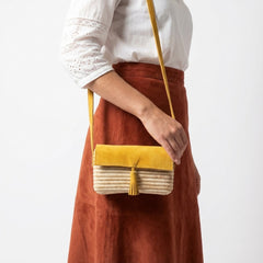 Woven Raffia & Mustard Suede Crossbody Bag with Tassel