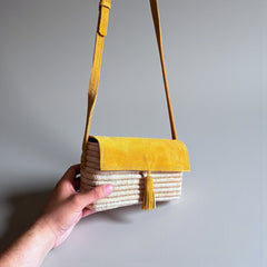Woven Raffia & Mustard Suede Crossbody Bag with Tassel