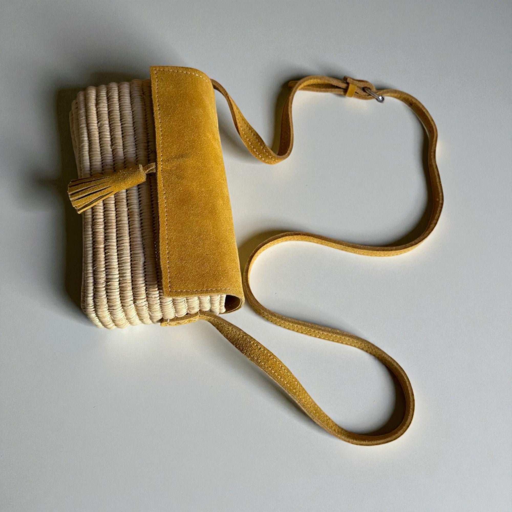 Mustard Suede & Raffia Crossbody Bag - Boho Woven Shoulder Purse