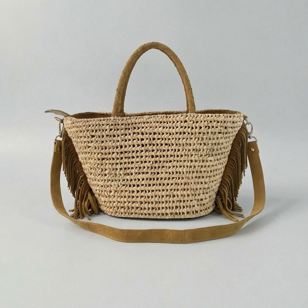 Boho Woven Straw Tote Bag with Suede Fringe & Detachable Strap