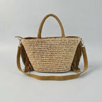 Boho Woven Straw Tote Bag with Suede Fringe & Detachable Strap