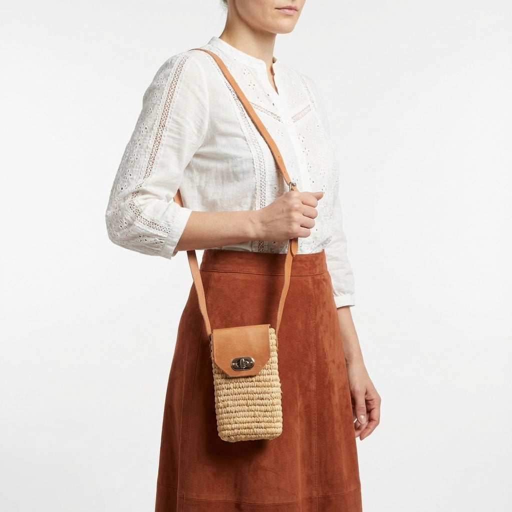 Woven Raffia Phone Bag Crossbody with Leather Flap