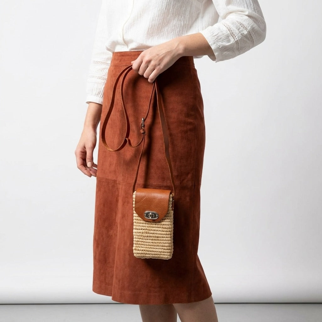 Woven Raffia Phone Bag Crossbody with Leather Flap