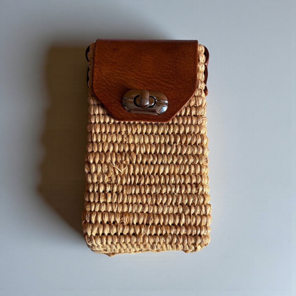 Woven Raffia Phone Bag Crossbody with Leather Flap