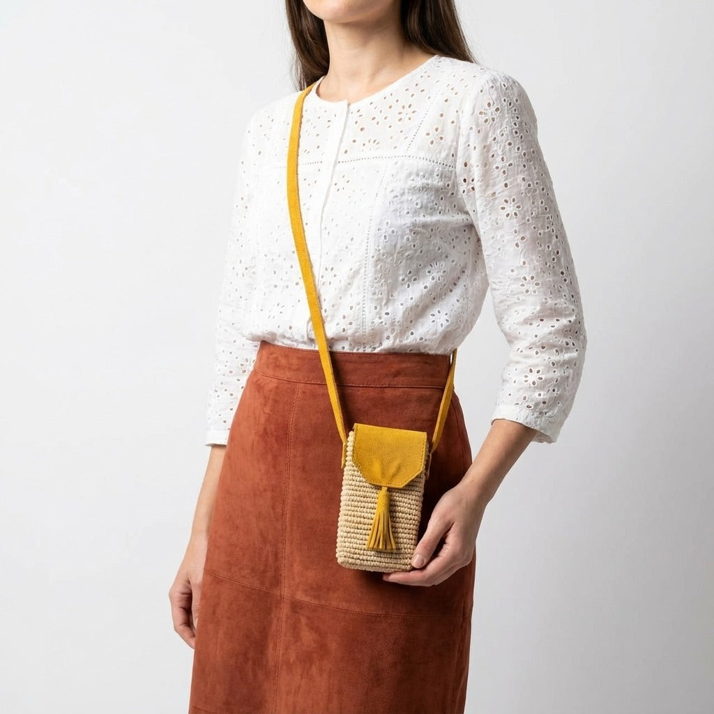 Mustard Suede & Straw Phone Crossbody Bag Boho Style