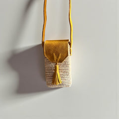 Mustard Suede & Straw Phone Crossbody Bag Boho Style