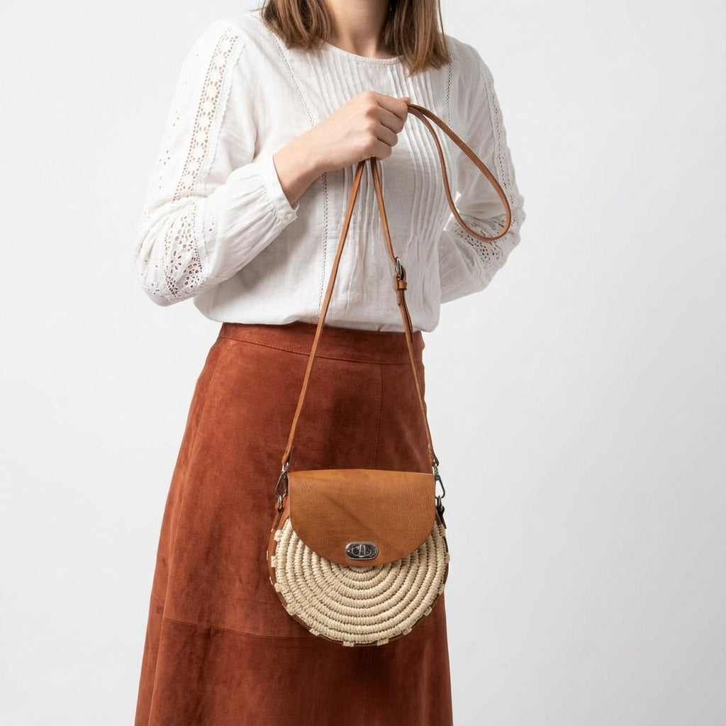 Round Raffia Leather Bag - Handmade Woven Boho Crossbody Purse